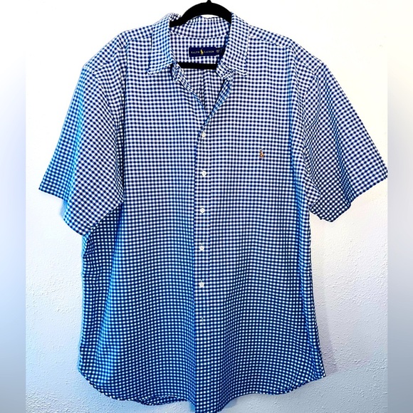 Ralph Lauren Shirt 2XT Big Blue White Gingham Check Button Down Short Sleeve - Picture 1 of 5
